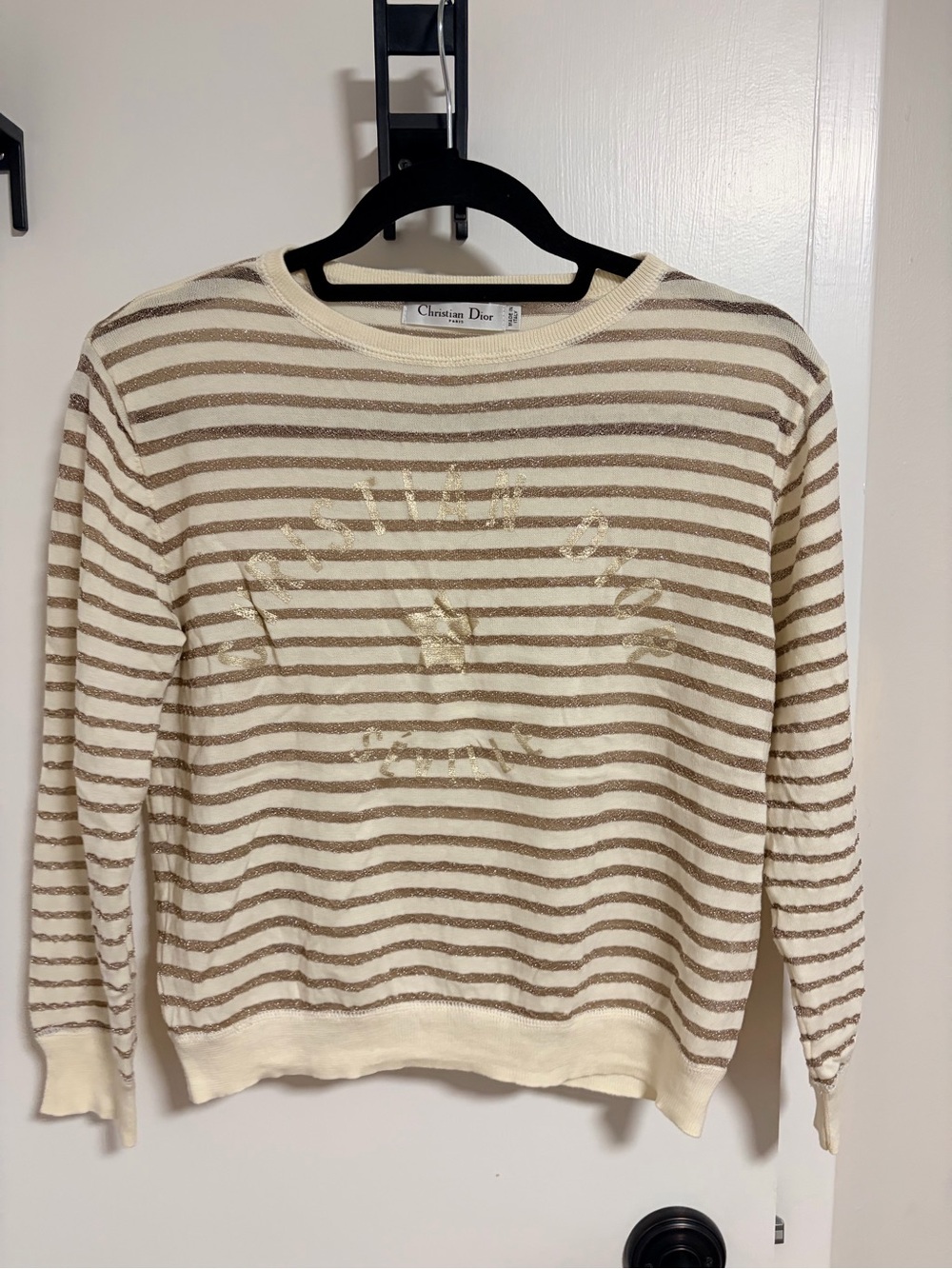 Dior Cream and Gold Metallic Stripe Crewneck Sweater